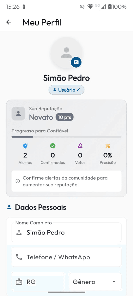 Tela de Perfil e Tipo de Conta