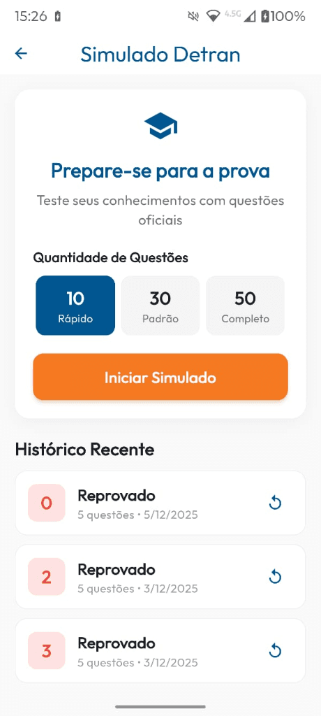 Tela de Simulados do Detran